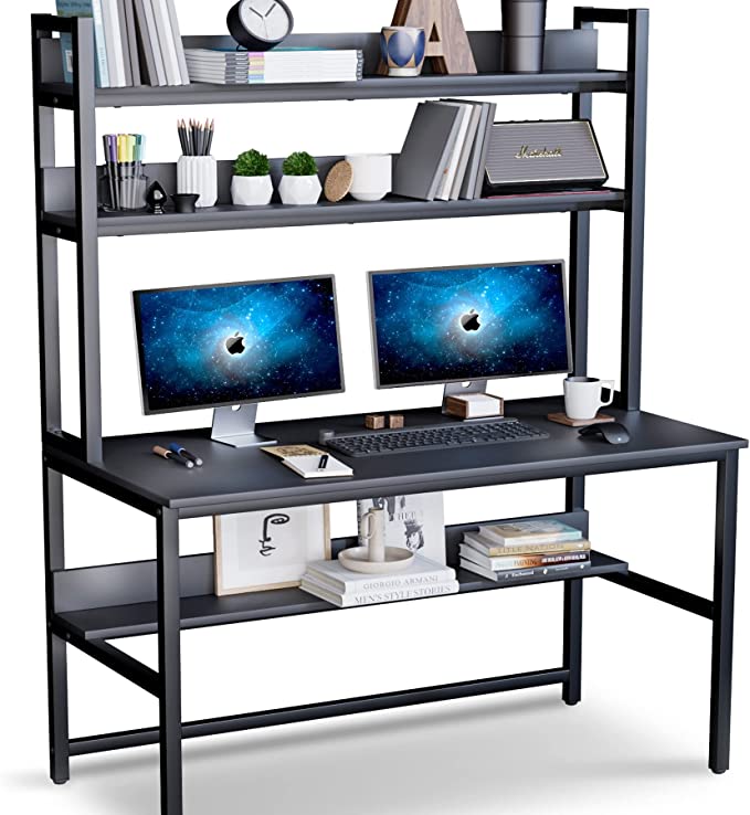 Photo 1 of Computer Desk with Hutch and Bookshelf, 47 Inches Black Home Office Desk with Space Saving Design, Metal Legs Table Desk with Upper Storage Shelves for Study Writing/Workstation, Easy Assemble
