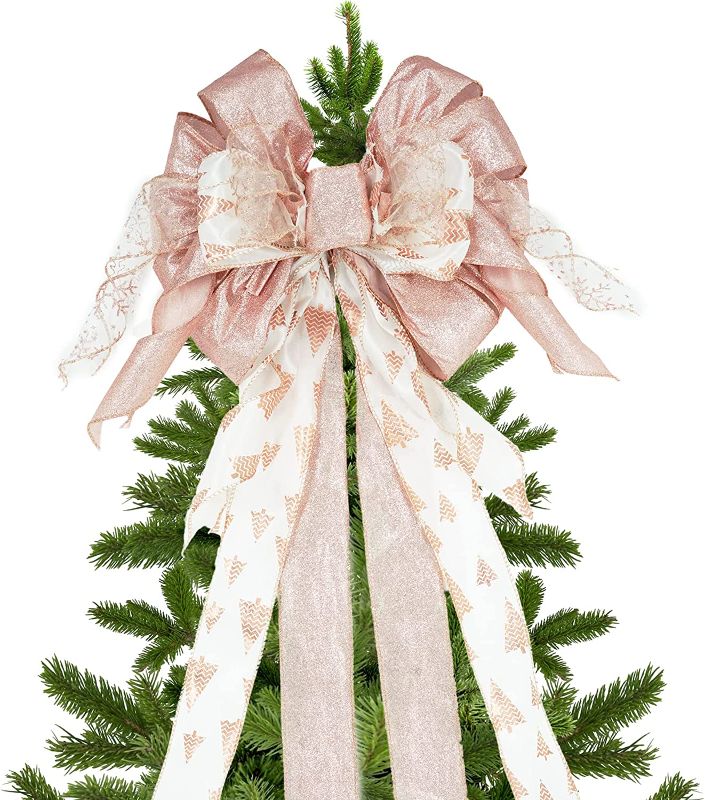 Photo 1 of Christmas Tree Topper,Christmas Ornament with Glitter Streamer - Rose Gold Christmas Tree Topper Bow for Your Christmas Decor & Gift (Rose Gold)