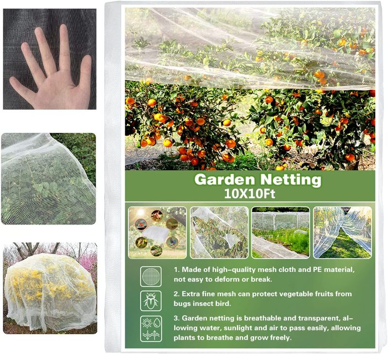 Photo 1 of (2)Unves 10' x 10' Garden Netting, Mesh Netting Mosquito Net, White Row Cover Bird Netting for Plants Fruit Trees Vegetables, Barrier Screen Raised