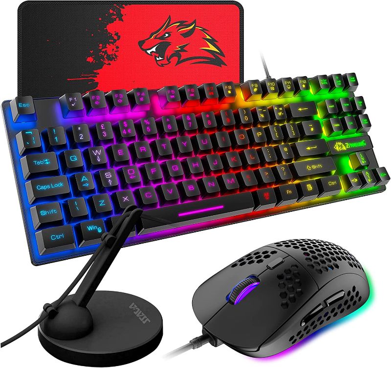 Photo 1 of Gaming Keyboard and Mouse Combo,88 Keys Compact Rainbow Backlit Mechanical Feel Keyboard,RGB Lightweight Gaming Mouse ,Mouse Pad and Mouse Cable Holder for Windows PC Gamers (Black)