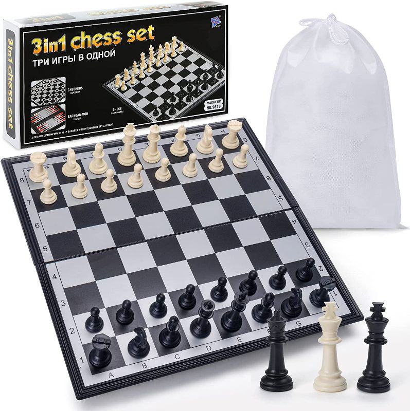 Photo 1 of AMOR PRESENT 3 in 1 Magnetic Travel Chess Set Portable Chess with Storage Bag for Kids and Adults Gift Learning and Education Toy Gift