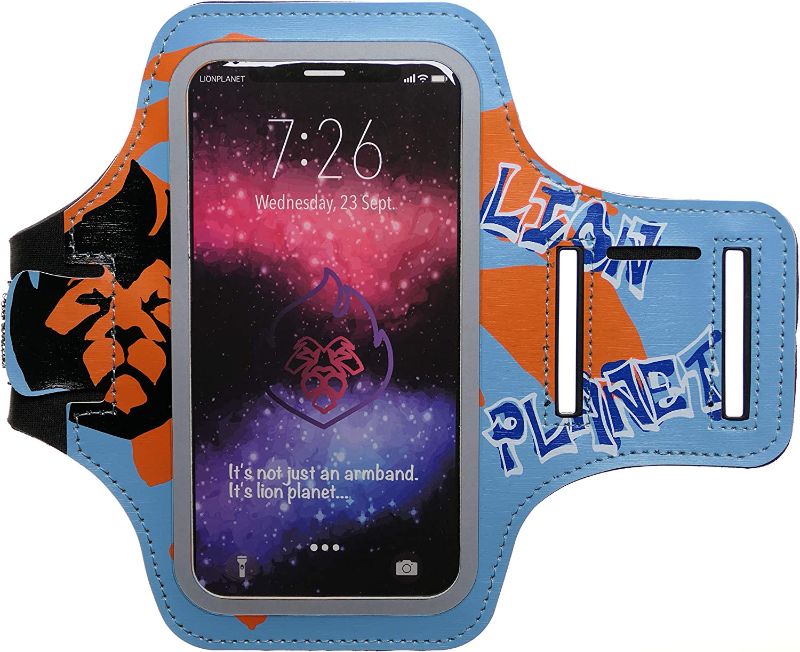 Photo 1 of Cell Phone Armband Case. for Screen Size of 6.8 inches and Below. with Card Holder, Key Slot, & Earphone Cord Holder. Wear in Running, Workout, Sports, Fitness and Gym. (Graffiti Light Blue, M 6.5")