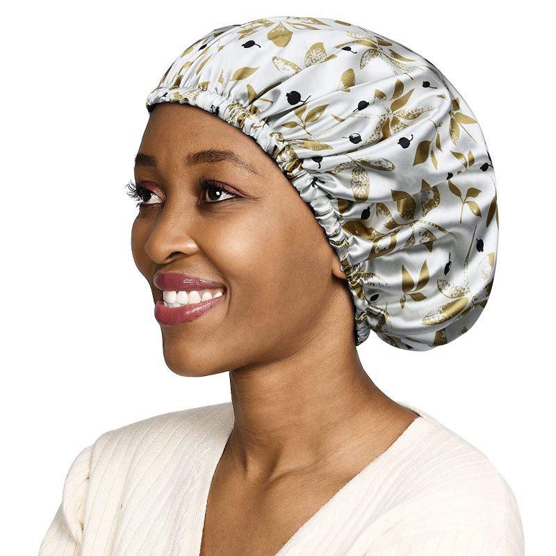 Photo 1 of YANIBEST Satin Bonnet Sleep Cap for Black Wome Large, Double Layer,Adjustable Printing Satin Cap Sleeping Hair Bonnet for Curly Natural Hair(X-Large,Yellow Leaves)