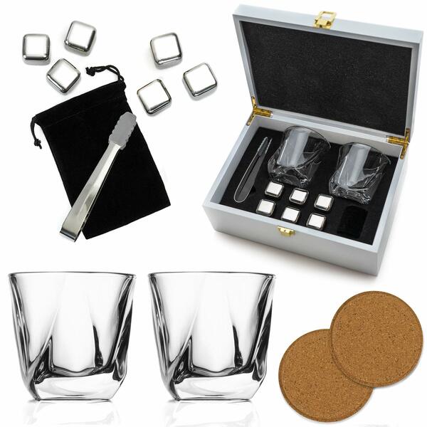 Photo 1 of Whiskey Stones and Whiskey Glass Gift Boxed Set - Mancave Stuff for Men 6 Whiskey Rocks Chilling Stones, Twisted Whisky Glasses 2 for Scotch, Bourbon w/Tongs, 2 Cork Coasters, Wooden Box White