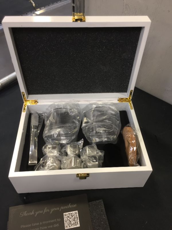 Photo 1 of Whiskey Stones and Whiskey Glass Gift Boxed Set - Mancave Stuff for Men 6 Whiskey Rocks Chilling Stones, Twisted Whisky Glasses 2 for Scotch, Bourbon w/Tongs, 2 Cork Coasters, Wooden Box White