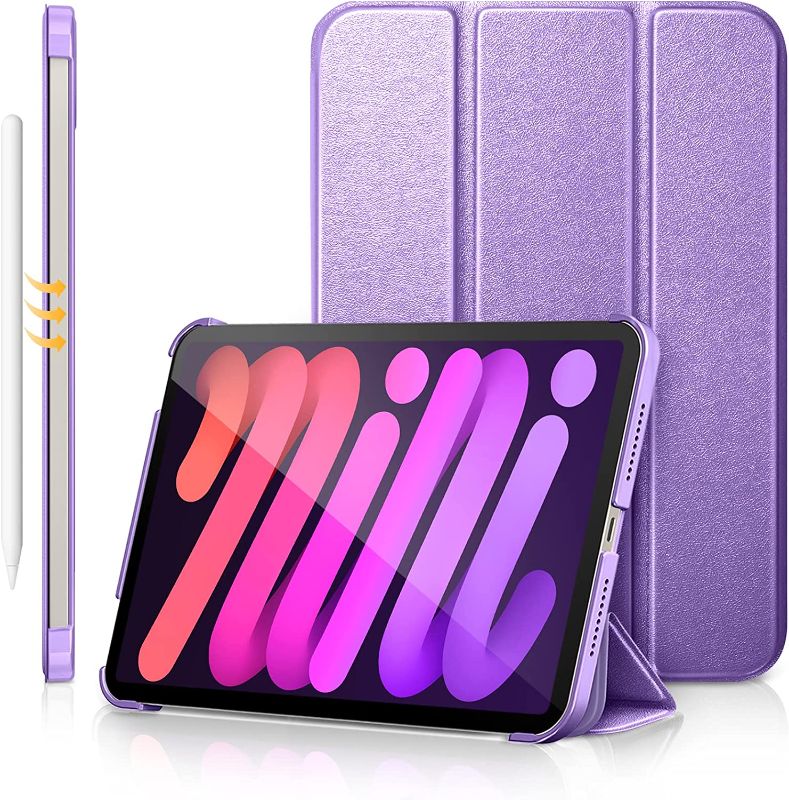 Photo 1 of DTTO for iPad Mini 6 Case 2021, Premium Silk Pattern Slim Trifold Stand Cover[Support 2nd Gen Apple Pencil Charging] - Smart Auto Wake/Sleep Shell with Protective Hard Back(8.3 inch), Purple