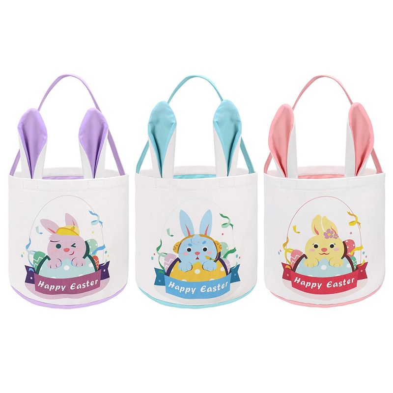 Photo 1 of 3PCS Easter Baskets for Kids Canvas Bunny Basket Egg Bags Rabbit Fluffy Tails Eggs Hunt Bucket Easter Basket Stuffers for Girls Toddlers Easter Gifts Toys