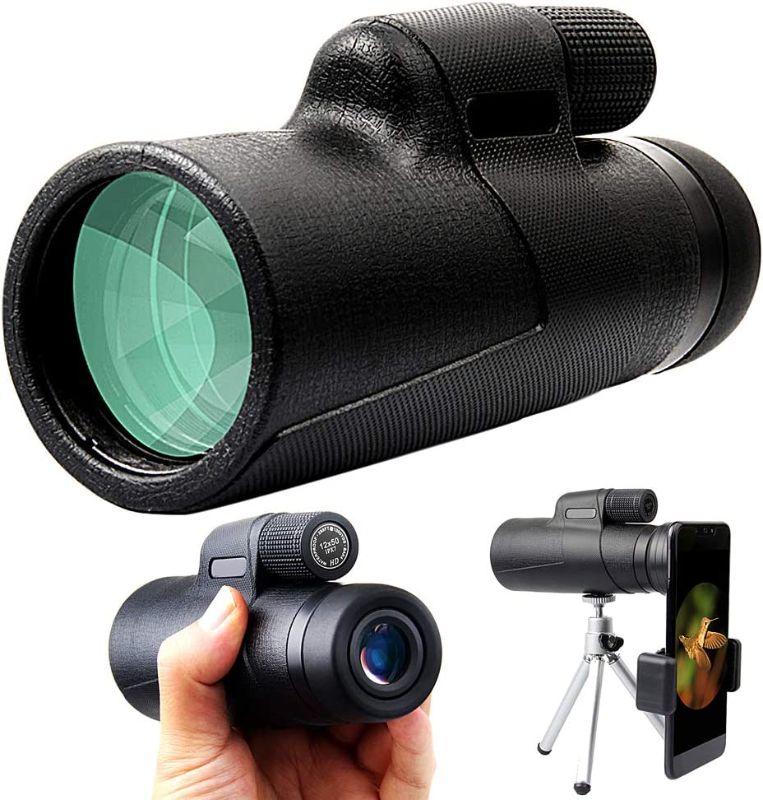 Photo 1 of 12x50 High Definition Monocular Telescope, IPX7 Waterproof, BAK4 Prism, with Smartphone Tripod for Bird Watching, Portable Handheld Telescope for Adults Kids