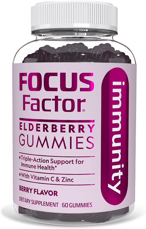 Photo 1 of                                                   Focus Factor Elderberry Immunity Gummies with Zinc and Vitamin C for Daily Immune Support, 60 Count – Berry Flavor – Non-GMO, Gluten Free – No Artificial Flavors – Elderberry Immunity Vitamins             