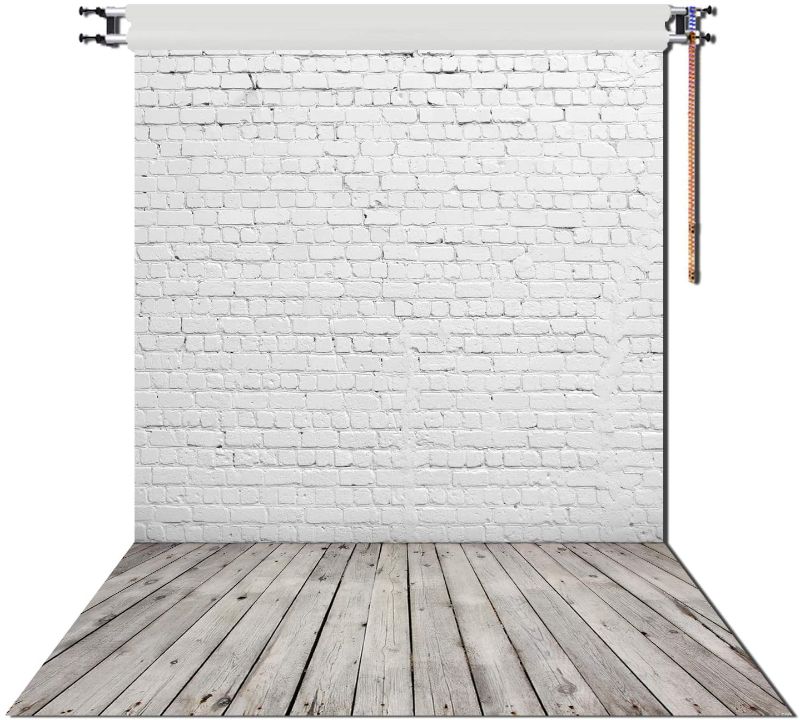 Photo 1 of  5X7ft White Brick Wall With Gray Wooden Floor Photography Vinyl Backdrop D-2504