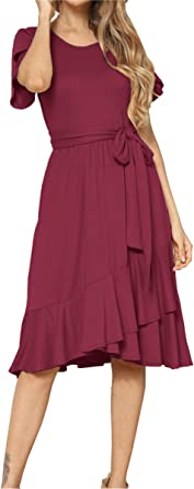 Photo 1 of levaca Women's Plain Casual Flowy Short Sleeve Midi Dress with Belt M