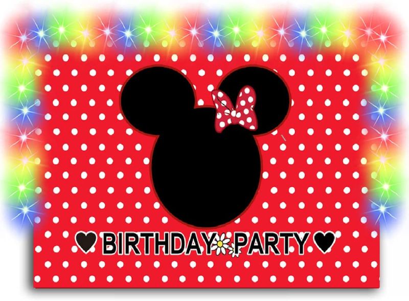 Photo 1 of Girl Mouse Birthday Party Decorations, Red Backdrop with Led Strips Lights Set for Kids, Cute Supplies Gift for Girls Boys , Happy Birthday Rainbow String Room Wall Bedroom Decor Photo Background