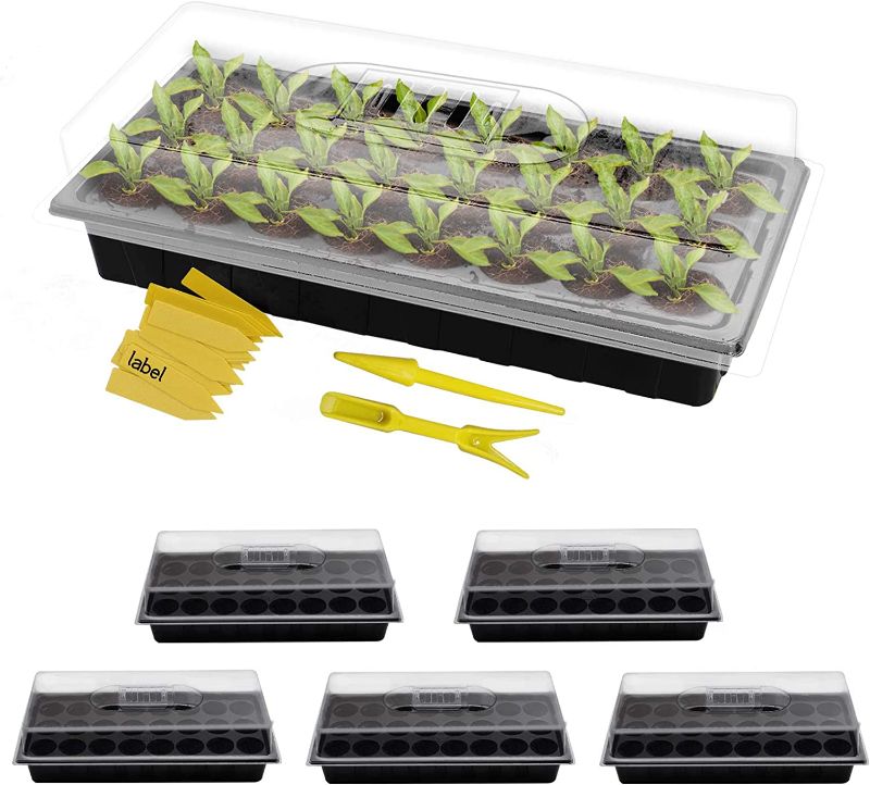 Photo 1 of 5 Pack Seedling Starter Tray 120 Cells Seed Tray with Dome and Base Humidity Adjustable Mini Greenhouse Germination Tray Seed Starter Kit Propagation Tray(24 Cells Per Tray, Total 120 Cells) factory sealed 
