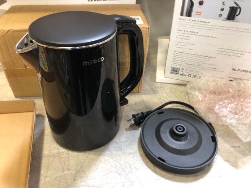 Photo 2 of Electric Kettle, Miroco Double Wall 100% Stainless Steel Cool Touch Tea Kettle with 1500W Fast Boiling Heater, Cordless with Auto Shut-Off & Boil Dry Protection, BPA-Free, Black