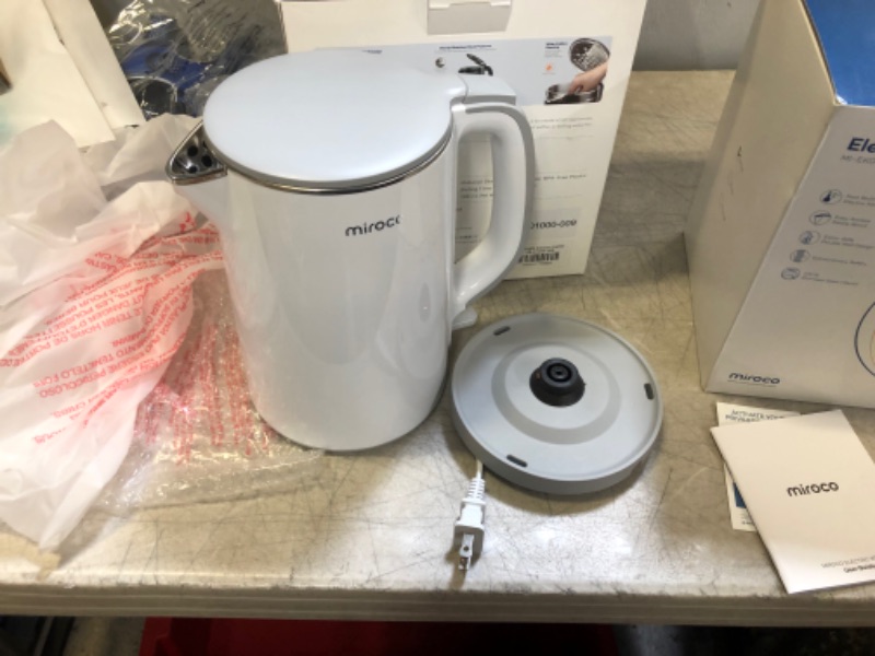 Photo 2 of Electric Kettle, Miroco Double Wall 100% Stainless Steel Cool Touch Tea Kettle with 1500W Fast Boiling Heater, Cordless with Auto Shut-Off & Boil Dry Protection, BPA-Free, White 1.5L
