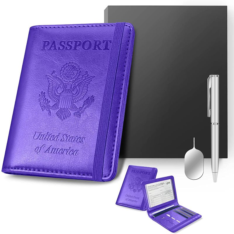 Photo 1 of Wotec Passport Holder with CDC Vaccination Card Protector Slot, RFID Blocking, 4 Card Slot with Pen and SIM Card Tray Pin, Purple
