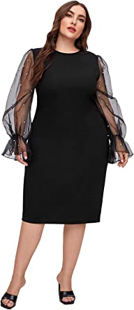 Photo 1 of  size 2xl SheIn Women's Plus Size Elegant Mesh Contrast Pearl Beading Sleeve Stretchy Bodycon Pencil Dress