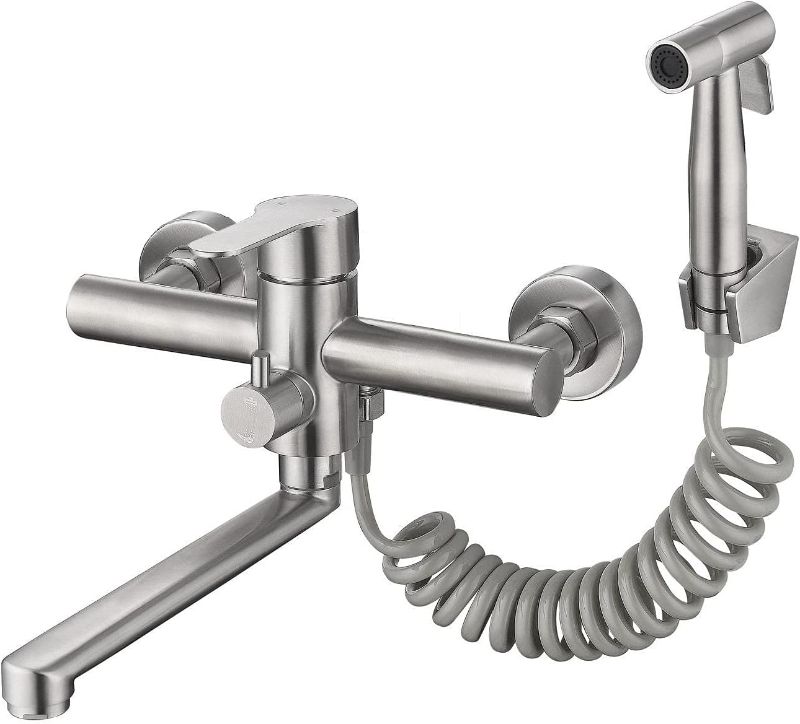 Photo 1 of ZHYICH WALL MOUNT KITCHEN FAUCET, COMMERCIAL FAUCET WITH SIDE SPRAYER, STAINLESS STEEL NICKEL BRUSHED MIXER TAP, 7.2-8.4 INCHES CENTER, LEAD-FREE, SPOUT REACH 9.2" 