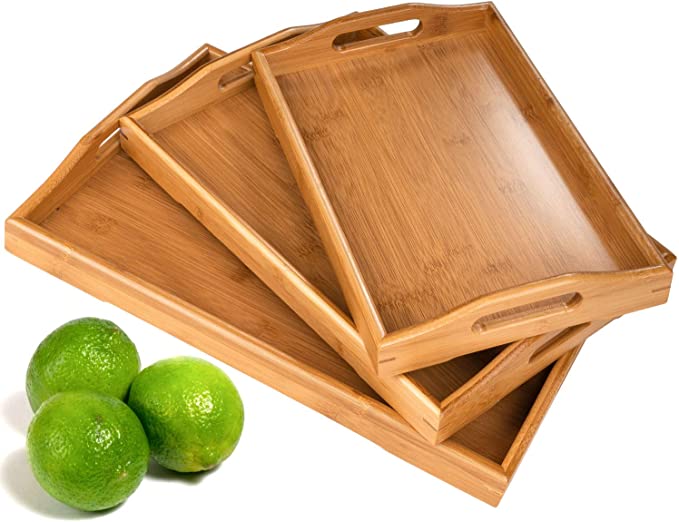 Photo 1 of 3 Pack Serving Tray,Large Bamboo Serving Tray with Handles Wood Serving Tray Set for Coffee,Food,Breakfast,Dinner