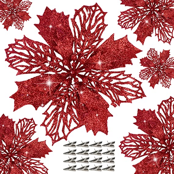 Photo 1 of 12 PCS Poinsettia Flower Artificial Pointsettas Christmas Decorations Glitter Poinsettias Christmas Ornaments Christmas Tree Flower Decorations with Clips DIY Xmas Wreath Holiday Weed Home Party Decor
