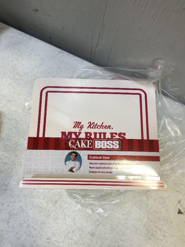 Photo 1 of Cake Boss Countertop Accessories Metal Cookbook Stand with "My Kitchen, My Rules” Decal, Cream
