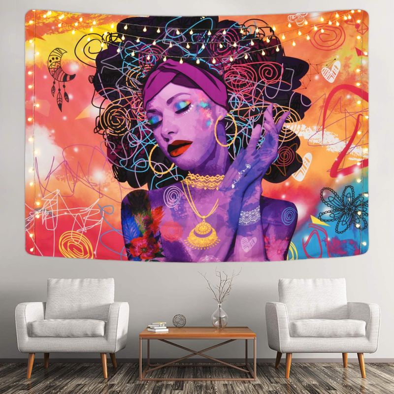 Photo 1 of Black Girl Tapestry African American Woman Tapestry Psychedelic Trippy Tapestry Colorful Hippie Tapestries Wall Hanging for Room PHOTO MAY VARY 