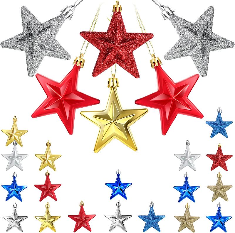 Photo 1 of 24 Pieces Independence Day Hanging Star Ornament Patriotic Star Ornaments 4th of July Patriotic Hanging Star Ornament for Indoor Outdoor Memorial Day Labor Day Party Decor, Red, Blue, Gold, Silver