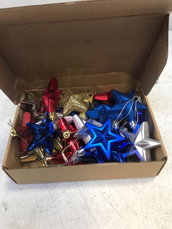 Photo 2 of 24 Pieces Independence Day Hanging Star Ornament Patriotic Star Ornaments 4th of July Patriotic Hanging Star Ornament for Indoor Outdoor Memorial Day Labor Day Party Decor, Red, Blue, Gold, Silver