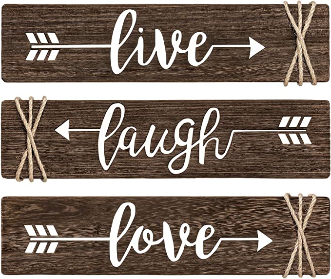 Photo 1 of Dahey 3 Pieces Rustic Wood Sign Arrow Wall Decor Live Laugh Love Quote Sign Farmhouse Wall Mount Decoration for Home, Living Room, Mothers Day, Wedding, Housewarming Gift 13"x 3", Brown