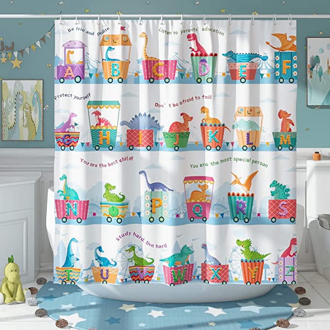 Photo 1 of DESIHOM Cute Dinosaur Shower Curtain Educational Kids Shower Curtain ABC Alphabet Shower Curtain Cartoon Animal Polyester 72x72 Inch