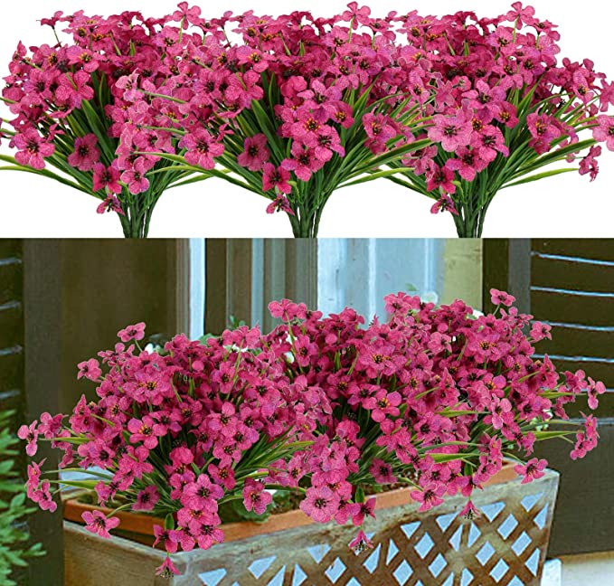 Photo 1 of 8 Bundles Artificial Flowers Outdoor UV Resistant Fake Flowers No Fade Faux Plastic Greenery Plants for Hanging Planter Garden Porch Window Box Patio Home Decoration (Magenta)