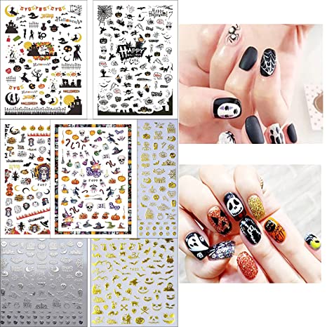 Photo 1 of Impres 7 Sheets Halloween Nail Art decal,3D Self-Adhesive Bronzing Halloween Nail Sticker for Acrylic Nail Supply Women girl kid Manicure Include Pumpkin/Bat/Ghost/Witch/Maple Leaf Nail Design