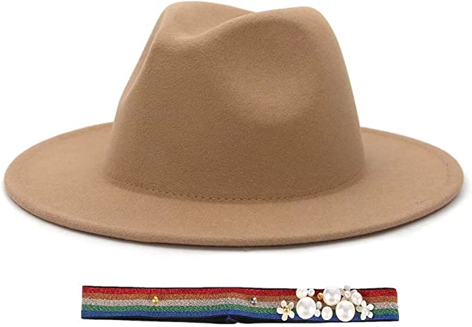 Photo 1 of EOZY Fedora Hats for Women Trendy Felt Panama Hat Wide Brim Pearl Belt Jazz Hat
