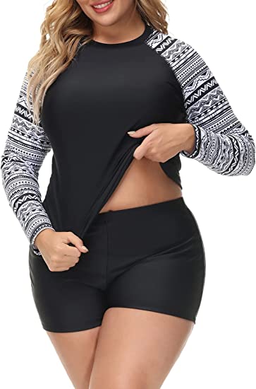 Photo 1 of Hanna Nikole Women Plus Size Two Piece Rash Guard Long Sleeve Swimsuits Sun Protection Swim Shirt with Boyshort Bottom SIZE 16W
