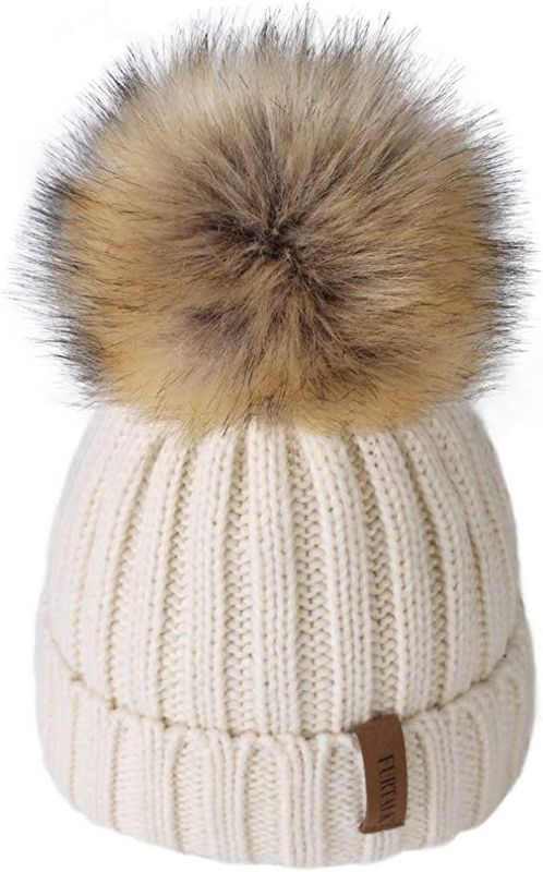 Photo 1 of FURTALK Kids Winter Hat Toddler Knitted Pom Beanie Hat Cotton Lined Faux Fur Pom Pom Cap Baby Girls Boys Beanies 2-8 YEARS
