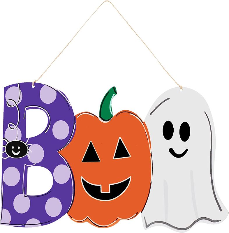 Photo 1 of 2 Pieces Halloween Door Sign Boo Sign Candy Corn Trick or Treat Wreath Wooden Hanging Sign Halloween Boo Decorations Pumpkin Ghost Door Sign Decor Halloween Party Supplies for Home Outdoor Decor 14.8 x 10 inches
