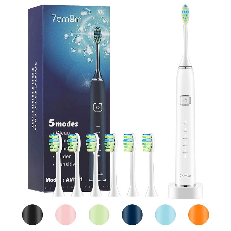 Photo 1 of 7am2m Sonic Electric Toothbrush with 6 Brush Heads for Kids and Children, One Charge for 90 Days, Wireless Fast Charge, 5 Modes with 2 Minutes Build in Smart Timer, Electric Toothbrushes(White)
