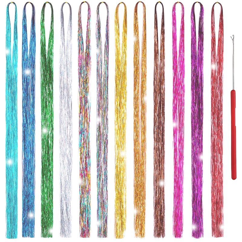 Photo 1 of Hair Tinsel Strands Kit 47 Inches 12 Colors 2000 Strands Sparkling Party Tinsel Hair Extensions Highlights Multi-Colors Synthetic Hair Streak Bling?12 color/set?
