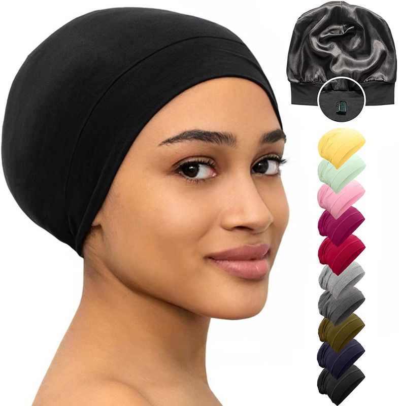 Photo 1 of Bonnet Silk Satin Hair Wrap Cover Sleep Cap for Sleeping Beanie Night Adjustable Stay On Headwear Lined Nurse Cap Black Women Men Large Silk Bonnet Sleeping Curly Hair Braids Locs Head Scarf Nightcap
