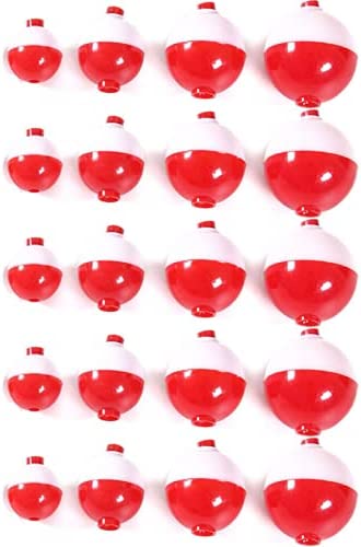 Photo 1 of 20 Pack Fishing Bobbers Assortment, 1/2 Inch, 1 Inch, 1 1/2 Inch, 2 Inch, Hard ABS Fishing Floats, Fishing Bobbers Floats, Snap On Bobbers for Fishing and Fish Party Decorations, Red and White