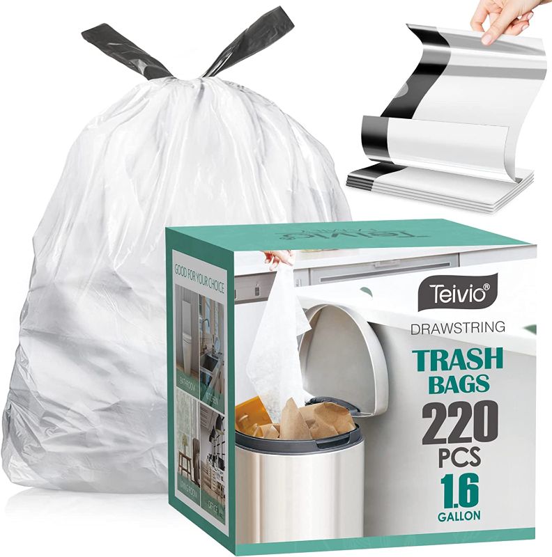 Photo 1 of 1.6 Gallon/220pcs Strong Drawstring Trash Bags Garbage Bags by Teivio, Bathroom Trash Can Bin Liners, Code b fit 6 Liter, Small Plastic Bags for home office kitchen
