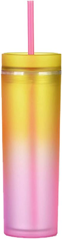 Photo 1 of [Gentlepaw] BPA FREE 16oz(450ml) Gradient Water Bottle With Removable Straw For Kids, Leak Proof, Durable, Fruit Infuser, Frosting Surface, Simple Model Household Water Bottle (Yellow/Pink)
