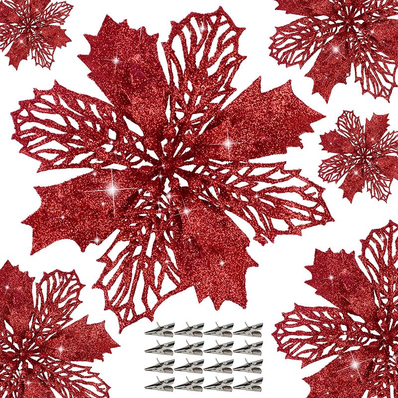 Photo 1 of 12 PCS Poinsettia Flower Artificial Pointsettas Christmas Decorations Glitter Poinsettias Christmas Ornaments Christmas Tree Flower Decorations with Clips DIY Xmas Wreath Holiday Weed Home Party Decor 6.3" EACH
