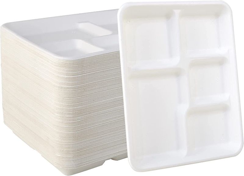 Photo 1 of 100% Compostable 5 Compartment Plates 125 Pack Eco-Friendly Disposable Sugarcane 10 *8 inch Bagasse School Lunch Tray Perfect for Boys and Girls