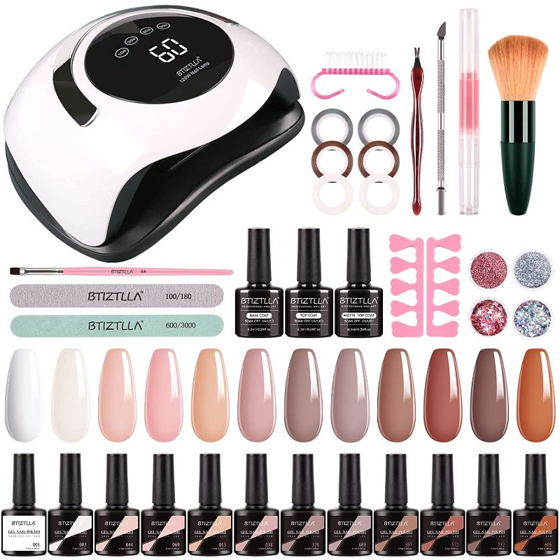 Photo 1 of Btiztlla Gel Nail Polish Kit with UV Light 120W Nail Dryer, 12 Colors White Brown Pink Gel Nail Polish Set, UV LED Nail Lamp, No Wipe Base Top Coat, Nail Art Decorations, Manicure Tools Starter Kit