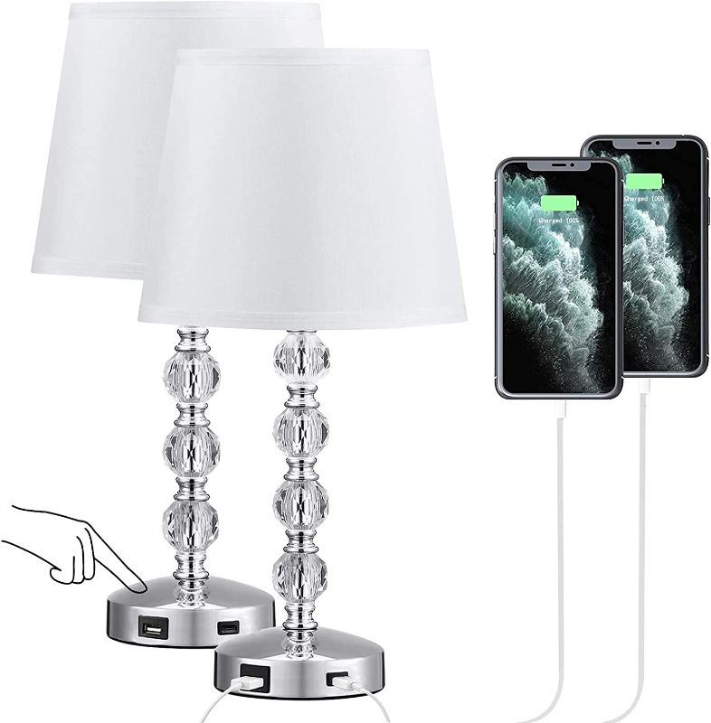 Photo 1 of Crystal Lamp with USB Port - Touch Control Table Lamp for Bedroom 3 Way Dimmable Nightstand Lamp with White Fabric Shade, Small Lamp Set of 2 for Living Room, Dorm, Home,Office(LED Bulb Included)