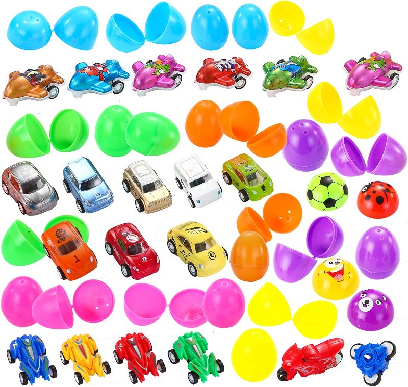 Photo 1 of JOYIN 24 Pcs Easter Eggs Filled with Toy Cars, 2.25" Colorful Easter Egg Prefilled with Various Pull Back Vehicles and Friction Vehicles for Kids Easter Eggs Hunt, Easter Basket Stuffers, Party Favors