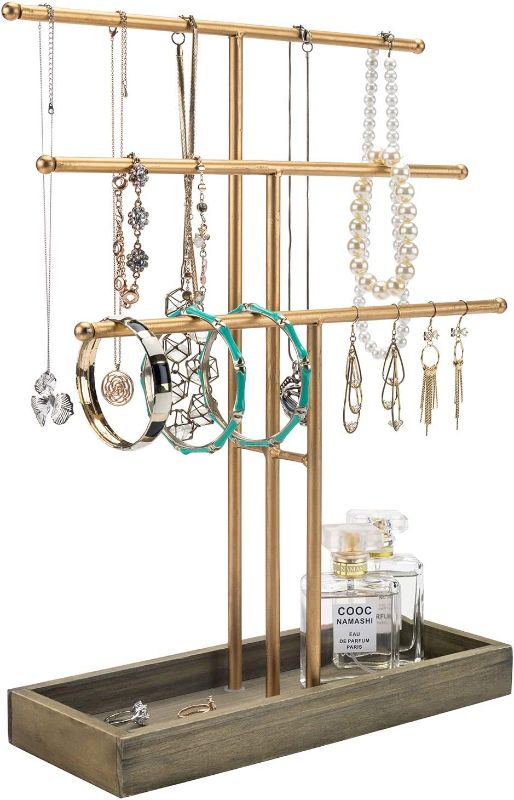 Photo 1 of MyGift 3-Tier Vintage Gold Metal T-Bar Jewelry Organizer Stand, Necklace and Bracelet Hanging Display with Gray Wood Ring Tray