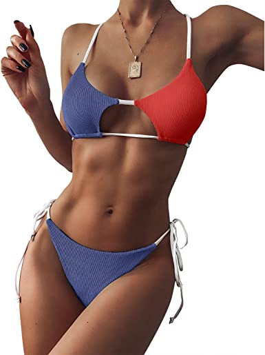 Photo 1 of ZAFUL Women's Ribbed Cut Out Bikini Set String Swimwear Sexy Brazilian Thong Bikini Two Piece Swimsuits  --Size Small--