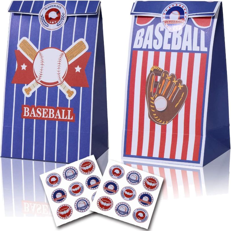 Photo 1 of 2 Packs of Baseball Gift Bags Premium Baseball Party Treat Bags Goodies Bag with Stickers for Baseball Party Favors Supplies Decorations, Kids Adults Sports Theme Birthday Party, MLB Game Celebration 12 Pack